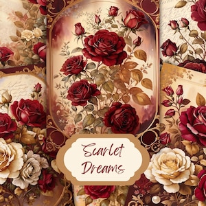 Könnte beinhalten: Eine Collage von floralen Designs im Vintage-Stil mit tiefroten und cremefarbenen Rosen. Das Kunstwerk umfasst verzierte Rahmen und ein Banner mit dem Text "Scarlet Dreams."
