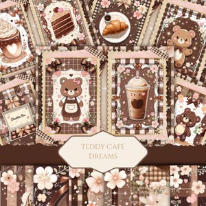 Kit de diário de café Kawaii Brown Teddy Bear, kit de scrapbook e planejador, download instantâneo, itens para impressão - café, croissants, sobremesas