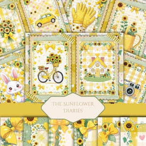 Sonnenblume Junk Journal Kit, Digitale Collage Sheets, Gelb Cottagecore Ephemera, Kawaii Scrapbook Seiten, Printable Paper Pack, Frühling Sommer