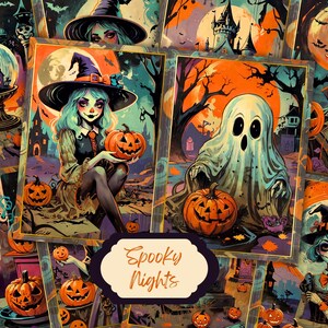 Vintage Halloween Art: Witch, Ghost, Pumpkin Collage (Digital Download)