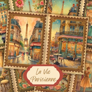 Páginas de diário de lixo de paisagem de Paris em aquarela, kit de diário de lixo vintage de Paris, papel de diário de lixo, folha de colagem digital, Paris Digital