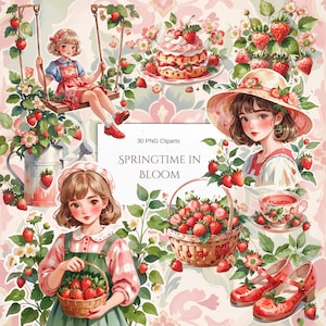 Strawberry Clipart Bundle: Cottagecore Floral PNG Graphics (30 Files)