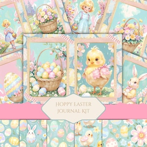 Hoppy Easter Junk Journal Kit - Pastel Vintage Easter Printables, Digital Scrapbook Ephemera, Easter Bunny & Chick Collage Pages, DIY Kit