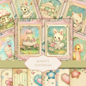 Páginas de diário vintage estilo pastel kawaii – itens efêmeros para scrapbook para impressão, folhas de colagem digitais fofas para download, kit cottagecore, coelhinho fofo.