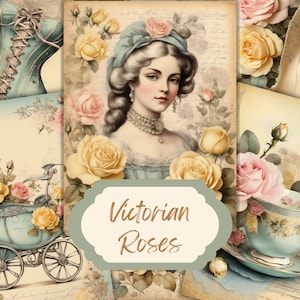 Timeless Victorian Women Roses Junk Journal Collage Sheets Bundle, Carta digitale Shabby Chic stampabile, Vintage, Scrapbooking Ephemera