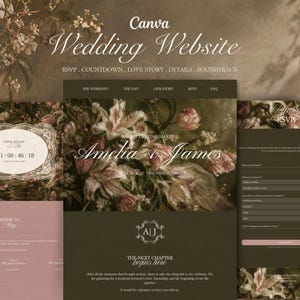 以下が含まれることがあります： ダークブラウンのカラーパレットと花柄の画像を使用したデジタル結婚式ウェブサイトテンプレート。レイアウトには、RSVP、カウントダウン、ラブストーリー、詳細、サウンドトラックのセクションが含まれており、アメリアとジェームズ、2027年8月8日、フランスのプロヴァンスというテキストが表示されています。