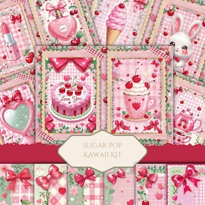 Kirsche Kawaii Junk Journal Kit | Rosa, digitale Papiere, niedliches Scrapbook Ephemera, Y2K Collage Sheets, Pastell druckbare Seiten, Instant Download