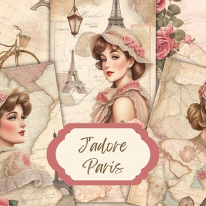 Paris Roses Junk Journal Antique Papers - Fogli di collage stampabili e pagine di scrapbooking in stile vintage, romantiche, shabby chic, da donna.