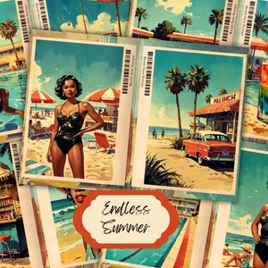 Diario spazzatura da spiaggia retrò per donne afroamericane nere, kit diario spazzatura estivo vintage, stampabile, creazione di carta, effimeri, pagine di collage.