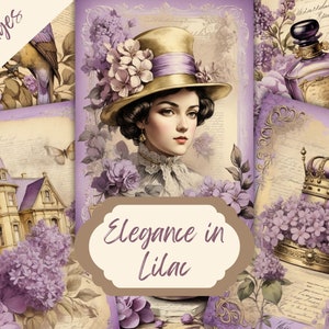 Papel digital con estampado lila, papel floral de papel vintage, papel de álbum de recortes púrpura, diario basura de mariposas de papel victoriano, collage lila francés