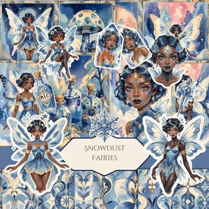 Winter Fairies Digital Junk Journal Kit, Black African American Fairies Ephemera, Fussy Cuts & Collage Pages for Scrapbooking Crafts.
