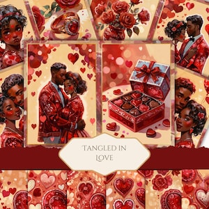 Kit de collage numérique noir pour couples Saint-Valentin | Scrapbooking romantique, objets découpés et éphémères | Amour afro-américain, imprimable téléchargement immédiat