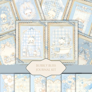 Kawaii Baby Blue Bath Junk Journal Kit - Uroczy motyw prysznica i łazienki, Pastel Bunny Ephemera, Wydrukowane strony do scrapbookingu, Papier do kolażu JPG
