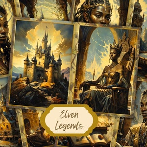 Kit de páginas de colagem digital Black African Elven City - Arte de fantasia para impressão para diários indesejados, álbum de recortes, confecção de cartões, elfo para impressão