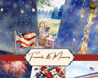 May include: A collage of images celebrating the 4th of July with fireworks, stars, an American flag, and a picnic scene. The text "Fireworks & Memories" is featured in the center of the collage.
