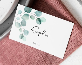 Place card Template, Wedding Table seat card Download, Greenery Eucalyptus name card, Editable Greenery table card #EVE
