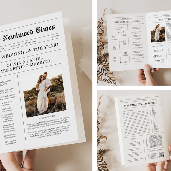 Plantilla de programa de boda de periódico, programa de periódico de boda editable, infografía de boda imprimible, programa de día de boda doblado, crucigrama