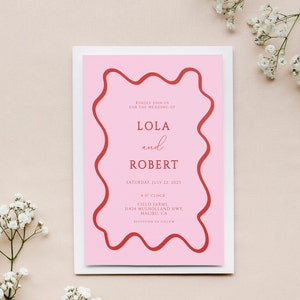 Wedding Invitation Boho, Pink and Red Wedding Invitation, Wavy Borders, Wedding Stationery, Wavy Edged Stationery LOLA image 2