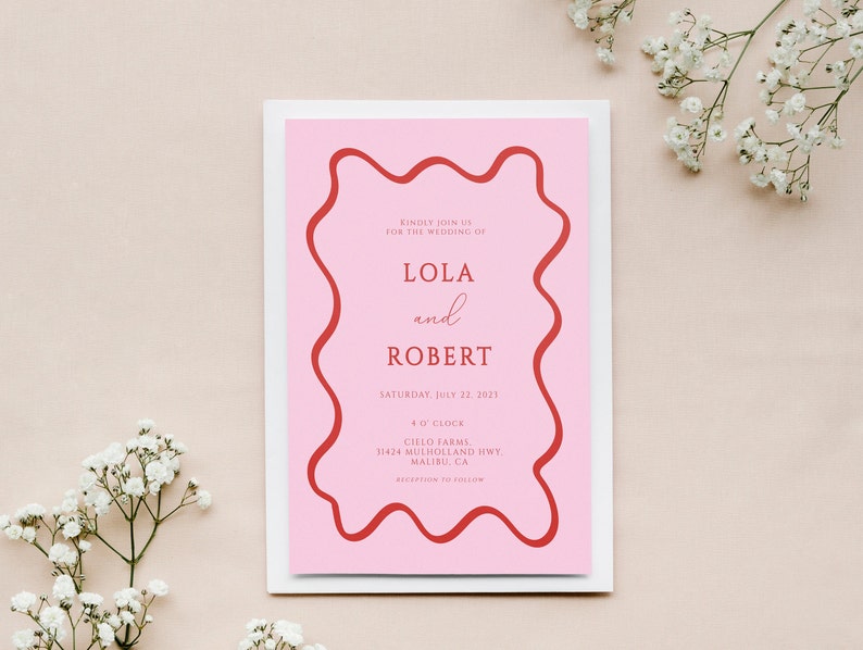 Wedding Invitation Boho, Pink and Red Wedding Invitation, Wavy Borders, Wedding Stationery, Wavy Edged Stationery LOLA image 2