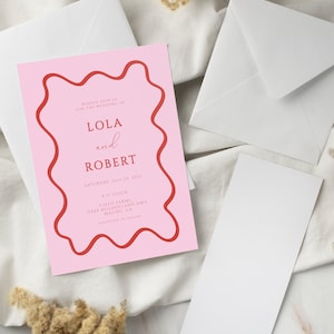 Wedding Invitation Boho, Pink and Red Wedding Invitation, Wavy Borders, Wedding Stationery, Wavy Edged Stationery LOLA image 1