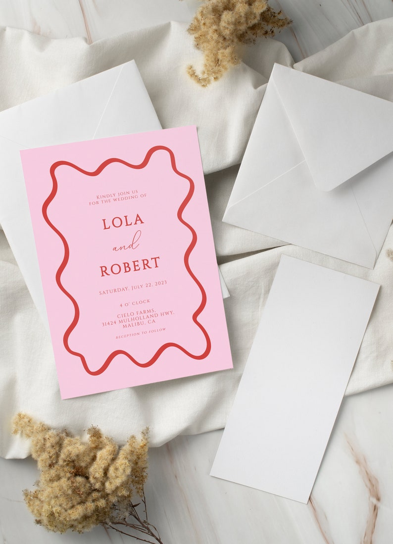 Wedding Invitation Boho, Pink and Red Wedding Invitation, Wavy Borders, Wedding Stationery, Wavy Edged Stationery LOLA image 1