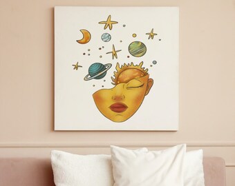 beautiful digital print of galaxy, wall art, printable art, women face galaxy.