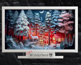 Décoration pour téléviseur The Frame Samsung dans une cabane dans la neige, style Papercut Lightbox, effet 3D, téléchargement numérique instantané pour LG, mur Shadow Box, paysage