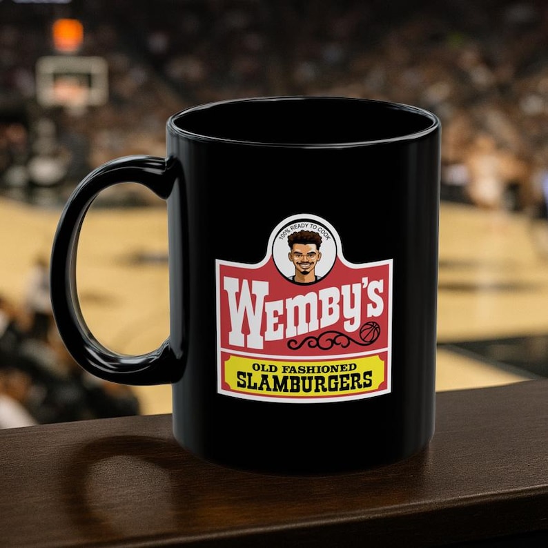 Victor Wembanyama, WEMBYS Mug, San Antonio Spurs Cup, Funny NBA Gift, Wendys Logo Mashup, Basketball Fan Mug, gift for dad, teen gift image 1