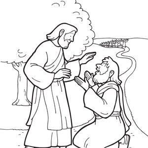 May include: A black and white line drawing of a man kneeling before another man. The man kneeling is looking up at the other man with his hands raised. The other man is standing with his hands on his chest. There are trees and a path in the background.
