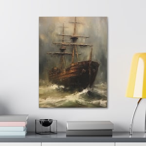 Vintage Ship Oil Painting - Canvas Wall Art | Moody Seascape | Home Decor | Premium Canvas | Muted Oil Painting | Ocean Print | Wall Art