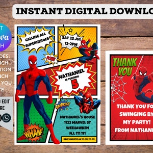 Spiderman Comic Book Kids Birthday Printable Editable Customisable Digital Birthday Party Invitation and Thank You Card