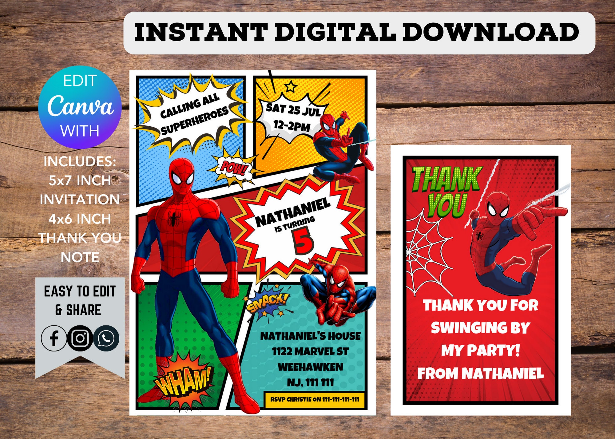 Spiderman Comic Book Kids Birthday Printable Editable Customisable ...