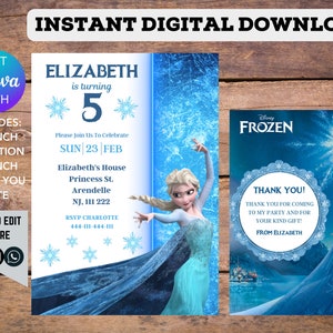 Frozen Elsa Kids Birthday Printable Editable Customisable Digital Birthday Party Invitation and Thank You Card