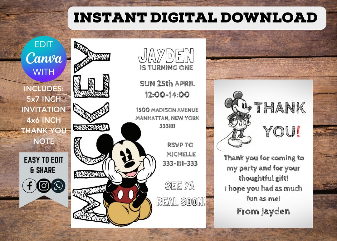 Mickey Mouse Editable Printable Customisable Birthday Invitation ...