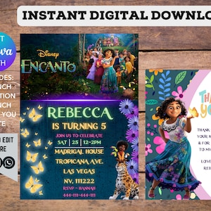 Encanto Mirabel Kids Birthday Printable Editable Customisable Digital Birthday Party Invitation and Thank You Card