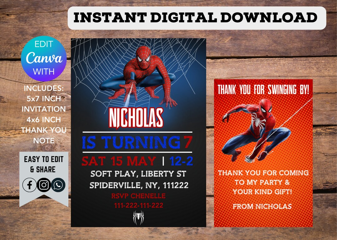 Spiderman Kids Birthday Printable Editable Customisable Digital ...