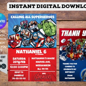 Carte d'invitation et carte de remerciement numérique imprimable, modifiable et personnalisable d'anniversaire pour enfants Marvel Avengers