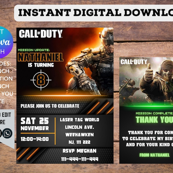 Call Of Duty Kids Birthday Printable Editable Customisable Digital Birthday Party Invitation and Thank You Card