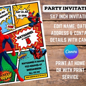 Jul 111 Spiderman Comic Book Kids Birthday Printable Editable Customisable ...