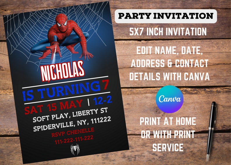 Spiderman Kids Birthday Printable Editable Customisable Digital ...