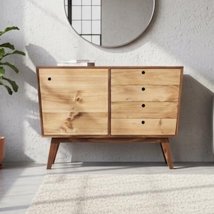 Handmade Pine Wood Dresser: Mid Century Modern Cabinet with 4 Drawers