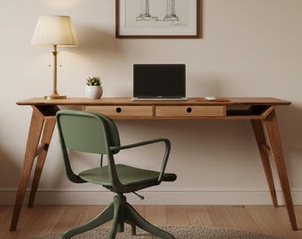 May include: A wooden desk with two drawers, a laptop, and a small potted plant, paired with a sage green swivel chair. A brass lamp with a cream shade sits on the desk, while a framed architectural sketch hangs on the wall above the workspace.