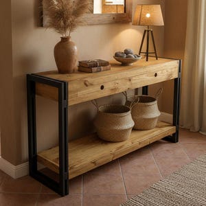 Tavolo consolle in legno massello, mobiletto da ingresso industriale, mobile rustico per corridoio