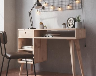 Scrivania artigianale in legno massello di pino / Stile scandinavo / 100 cm / Cassetto / Finitura a cera, olio o naturale