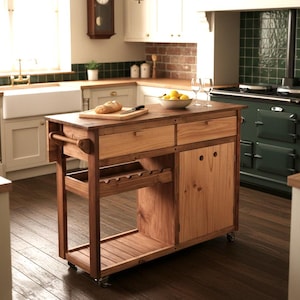 Îlot de cuisine fait main en pin | 120 cm | Casier à vin et armoire | Nordique rustique | Taille personnalisée