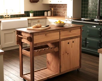 Handmade Pine Kitchen Island | 120cm | Wine Rack & Cabinet | Rustic Nordic | Custom Size