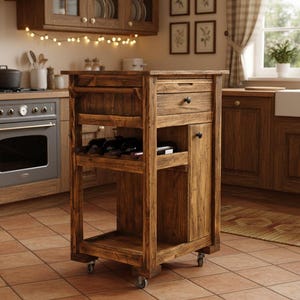 Può includere: Un'isola cucina rustica in legno su ruote, con cassetto, armadio e portabottiglie. L'isola è in legno marrone chiaro con finitura anticata. L'ambiente cucina comprende una stufa, armadi e una finestra.