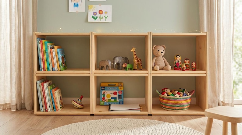 May include: A light-coloured wooden modular shelving unit with six open compartments. The shelves are filled with various children's books, a spinning top, animal figurines, a teddy bear, nesting dolls, a colourful woven basket, and a game box.