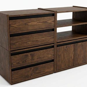 May include: A dark brown wooden storage unit featuring four horizontal drawers on the left side, stacked vertically. The right side consists of two open shelves at the top and a cabinet with two doors at the bottom, all with a visible wood grain.