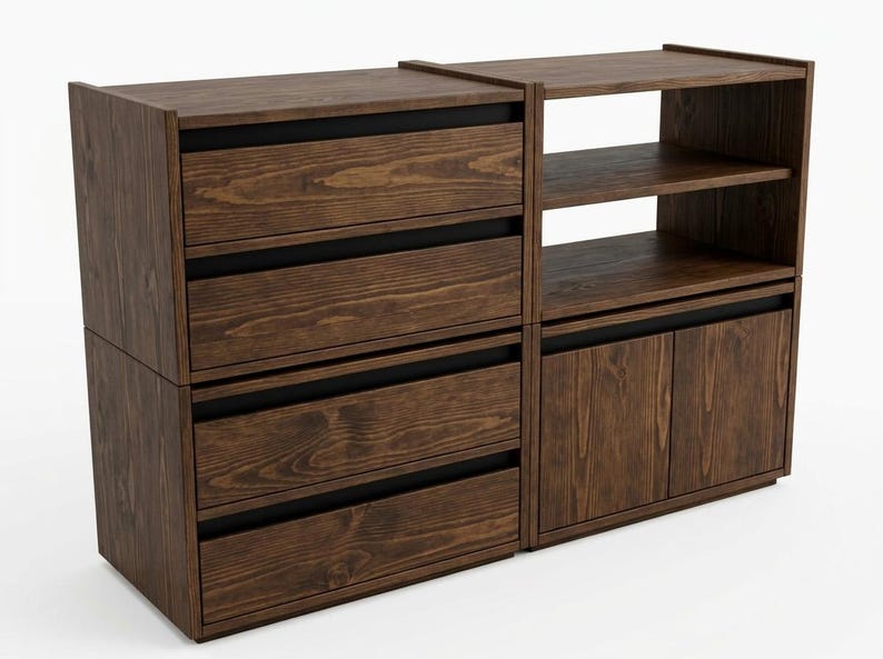 May include: A dark brown wooden storage unit featuring four horizontal drawers on the left side, stacked vertically. The right side consists of two open shelves at the top and a cabinet with two doors at the bottom, all with a visible wood grain.